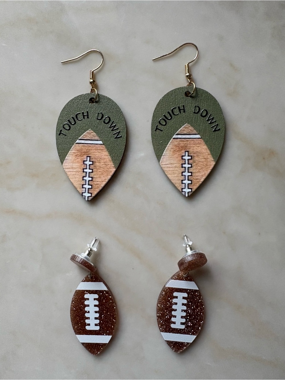 Football Teardrop Earrings - Green & Brown Wooden & Acrylic